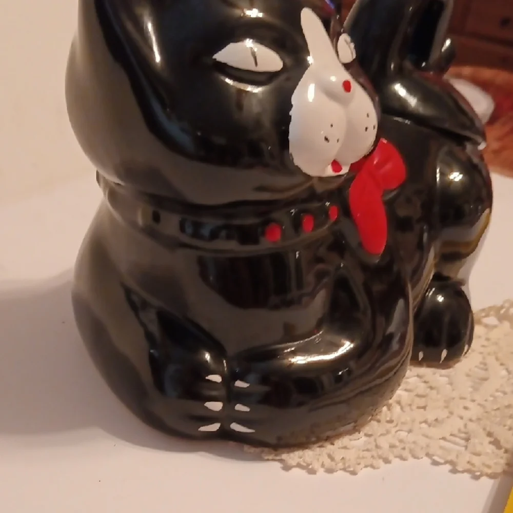 Vintage Whimsical Black Cat Cookie Jar with Red Bow